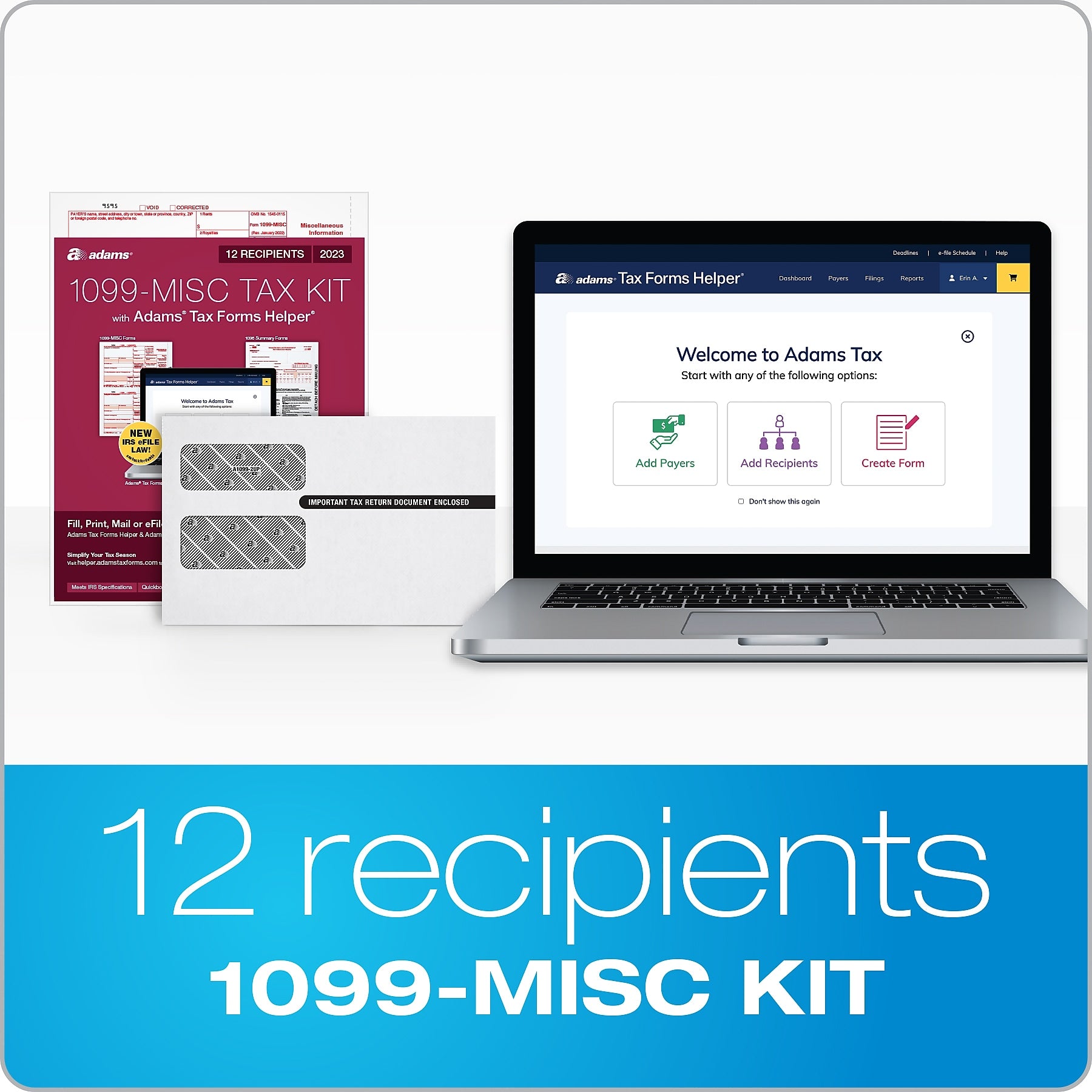 Adams 2023 1099-MISC eFile Tax Forms Kit, w/ Self Seal Envelopes, Access to new Adams Tax Forms Helper, 12/Pack