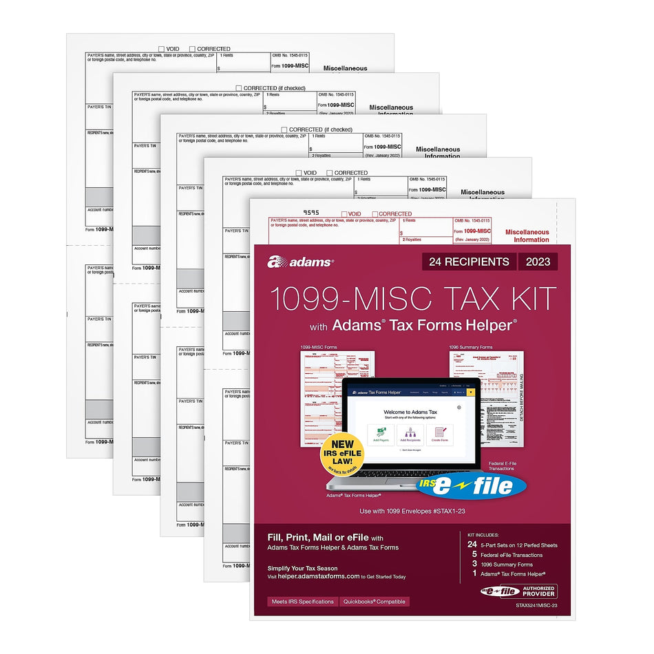 Adams 2023 1099-MISC Tax Forms Kit with Adams Tax Forms Helper and 5 Free eFiles, 24/Pack