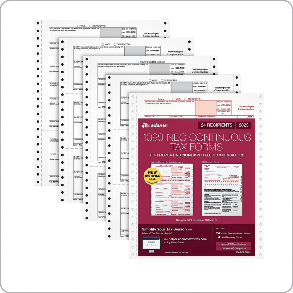 Adams 2023 1099-NEC Continuous-Feed Tax Forms with 1096 Forms, 5-Part, 24/Pack