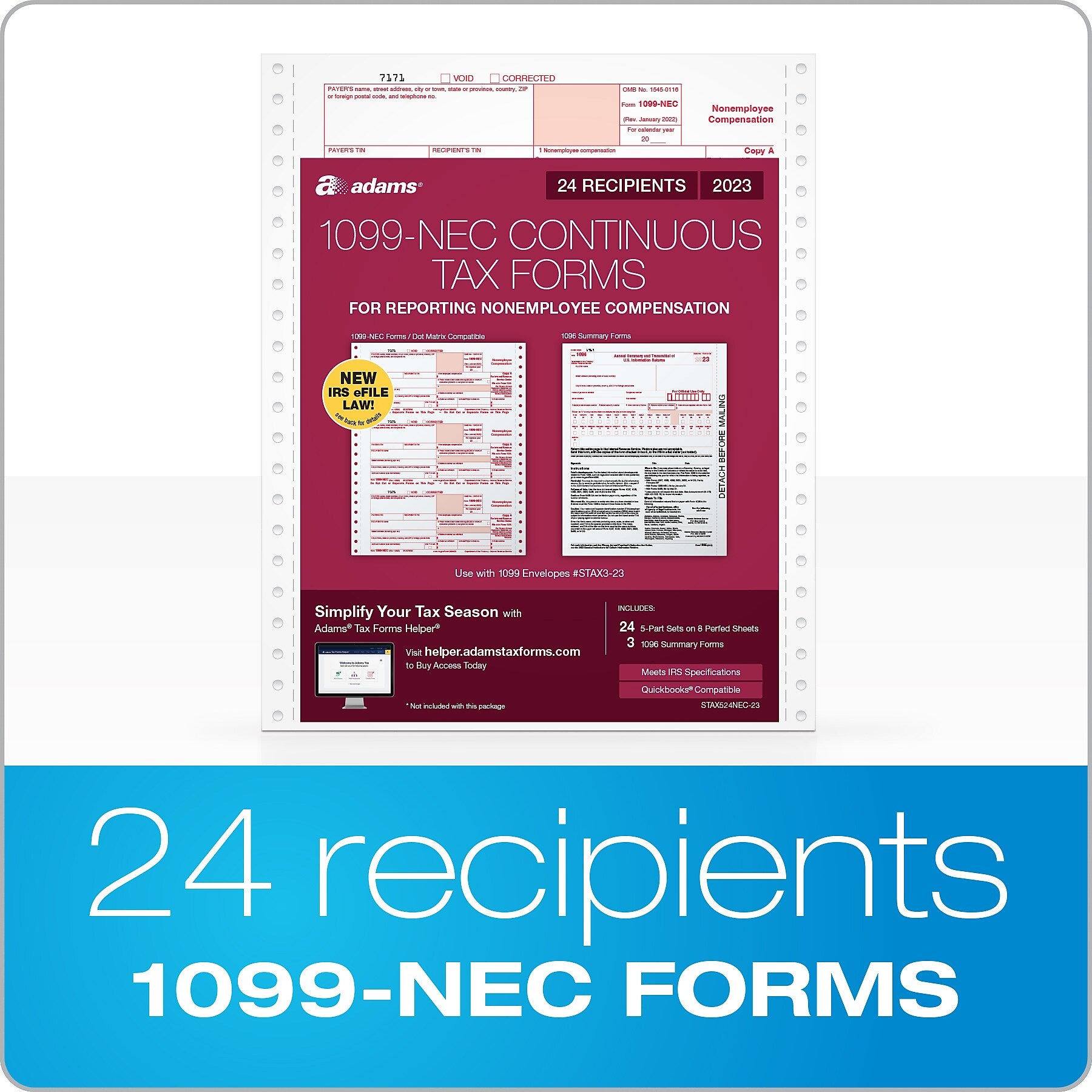 Adams 2023 1099-NEC Continuous-Feed Tax Forms with 1096 Forms, 5-Part, 24/Pack