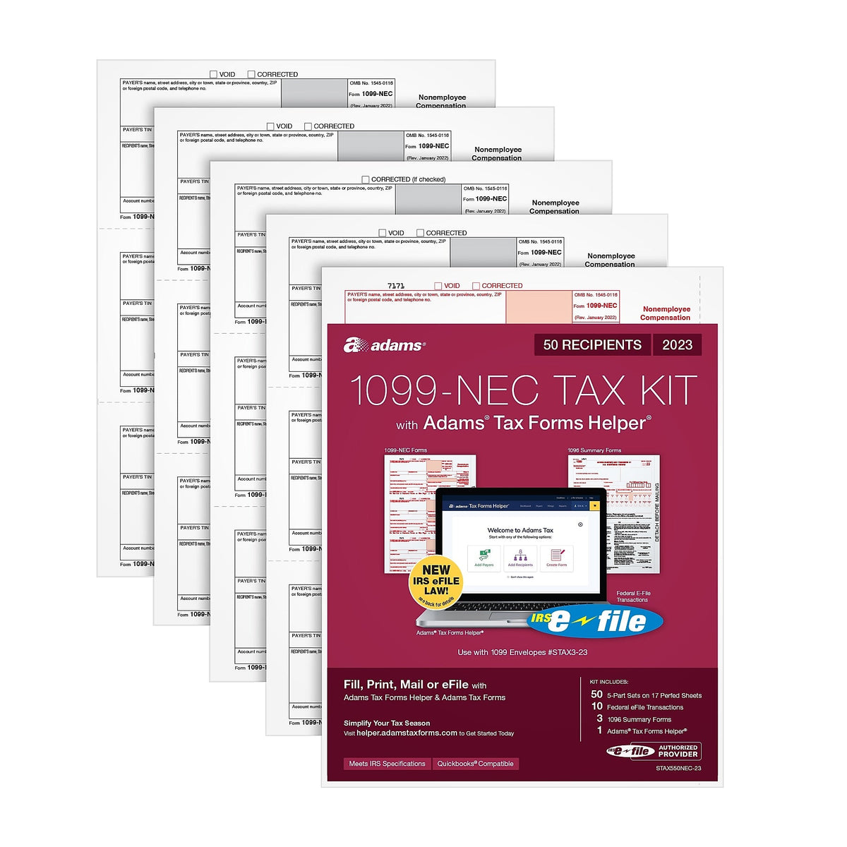 Adams 2023 1099-NEC Tax Forms Kit with Adams Tax Forms Helper and 10 Free eFiles, 50/Pack