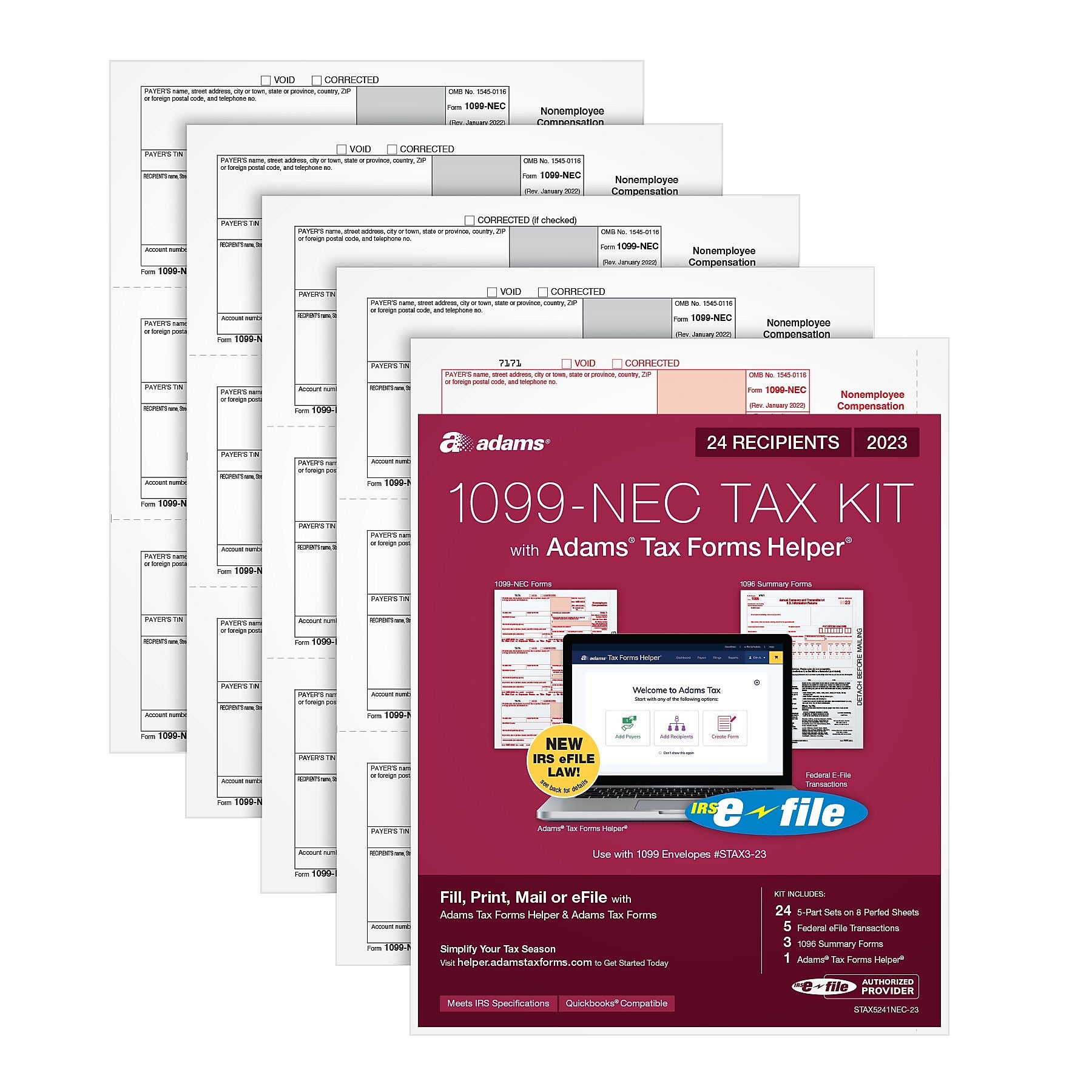 Adams 2023 1099-NEC Tax Forms Kit with Adams Tax Forms Helper and 5 Free eFiles, 24/Pack