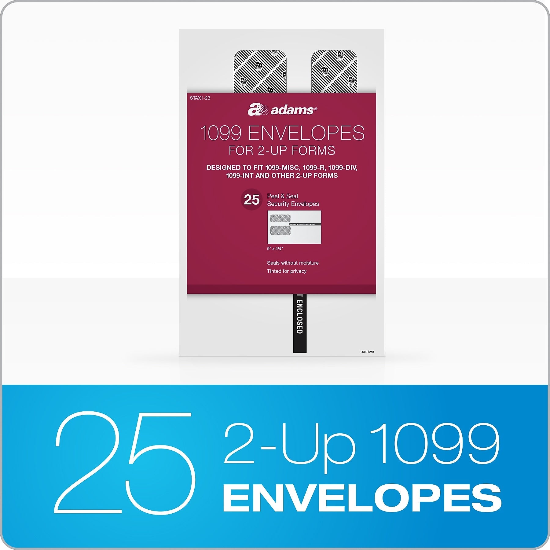 Adams 2023 2-Up 1099 Envelopes, Double-Window, Peel & Seal Self Seal Closure, 25/Pack