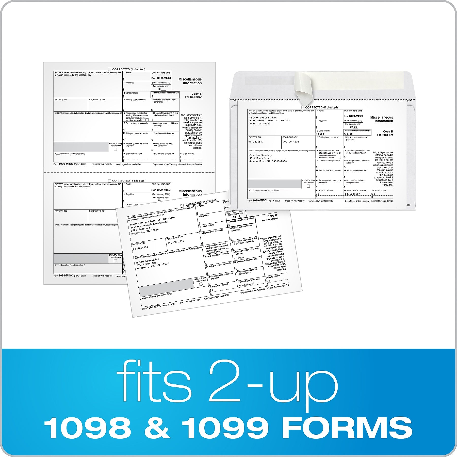 Adams 2023 2-Up 1099 Envelopes, Double-Window, Peel & Seal Self Seal Closure, 25/Pack