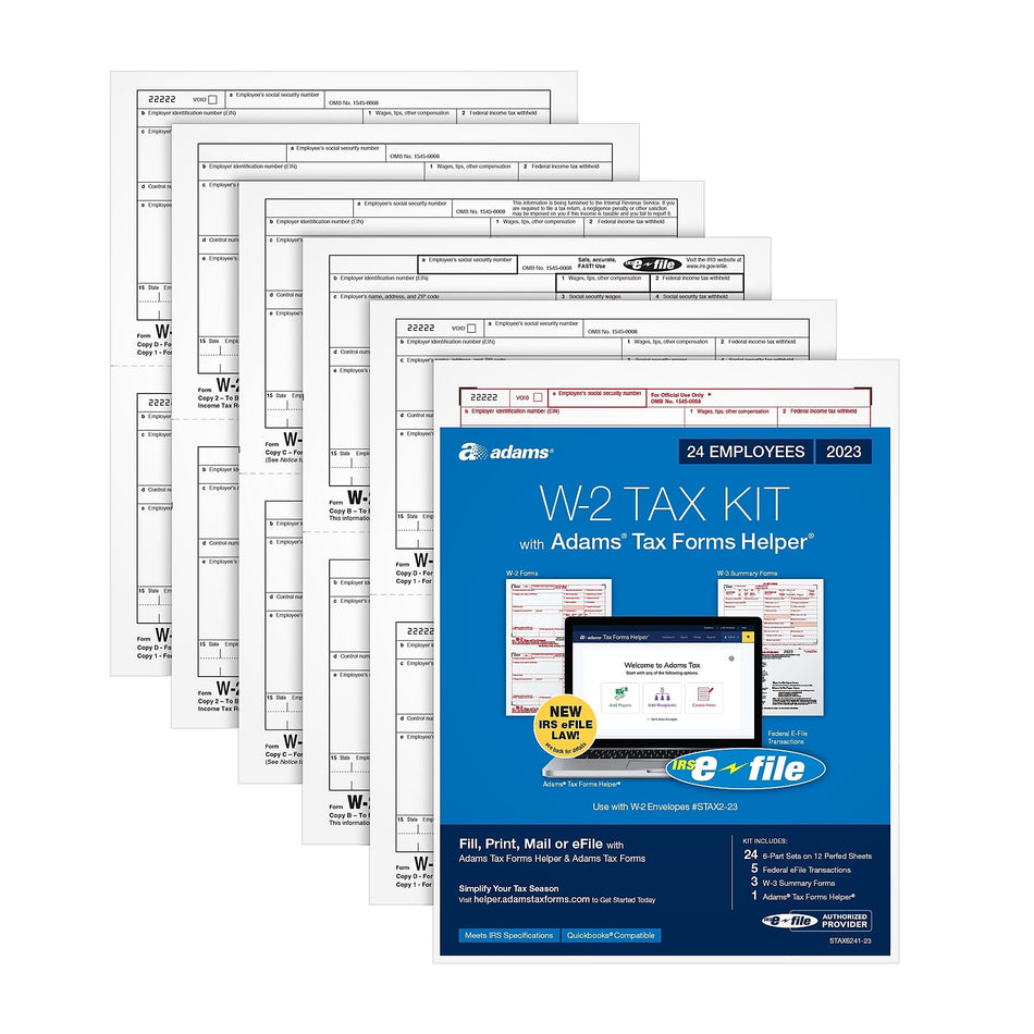 Adams 2023 W2 2 Tax Forms Kit with Adams Tax Forms Helper and 5 Free eFiles, 24/Pack