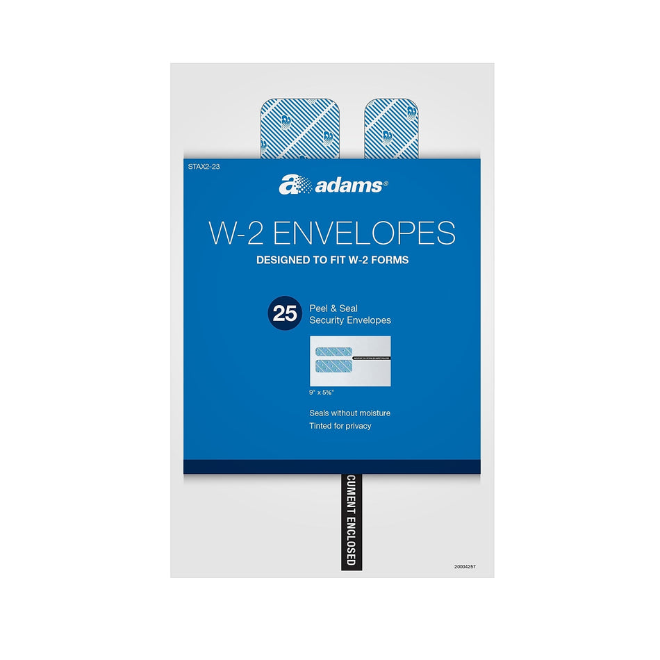 Adams 2023 W2 Envelopes, Double Window Security Envelopes, Peel & Seal Self Seal Closure, 25/Pack