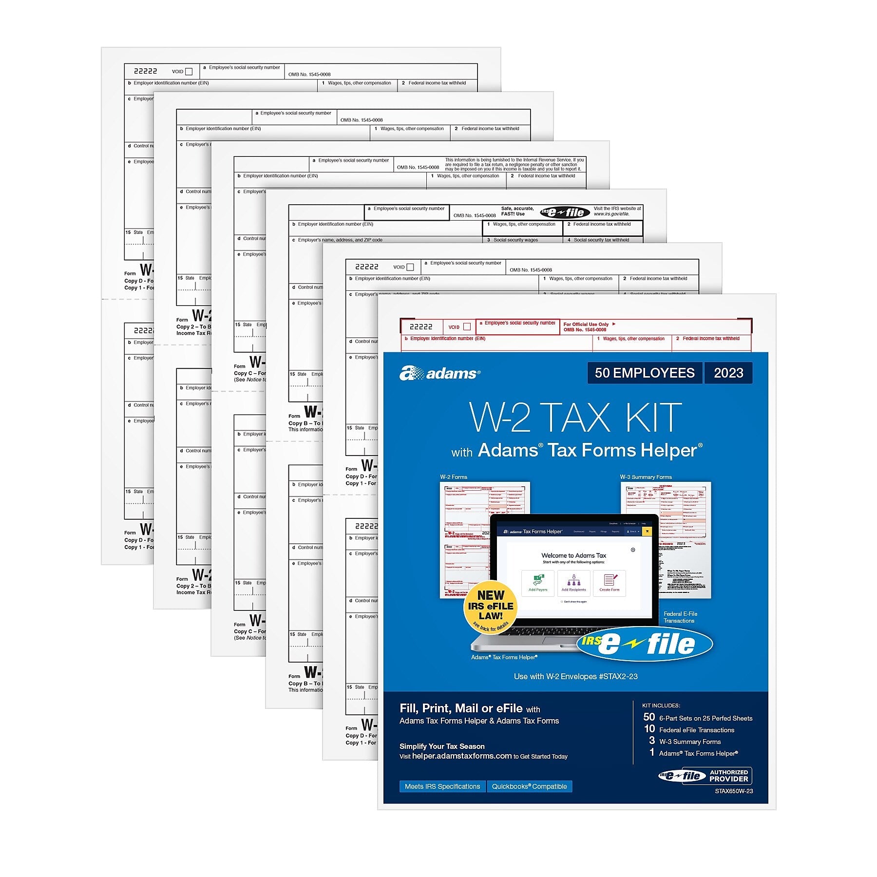 Adams 2023 W2 Tax Forms Kit with Adams Tax Forms Helper and 10 Free eFiles, 50/Pack