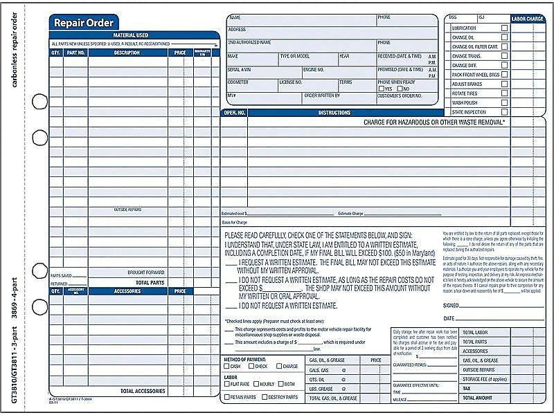 Adams 3-Part Carbonless Auto Repairs, 11.44