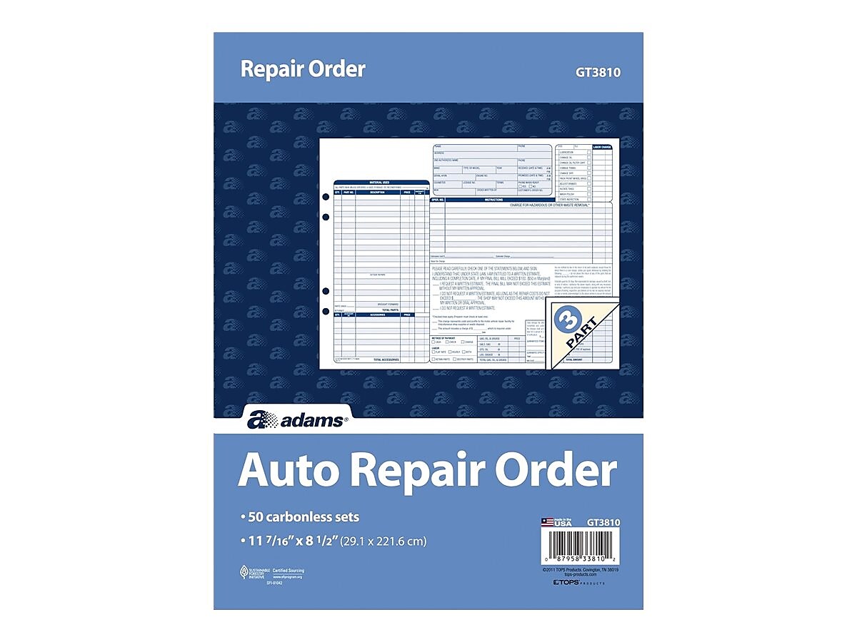 Adams 3-Part Carbonless Auto Repairs, 11.44