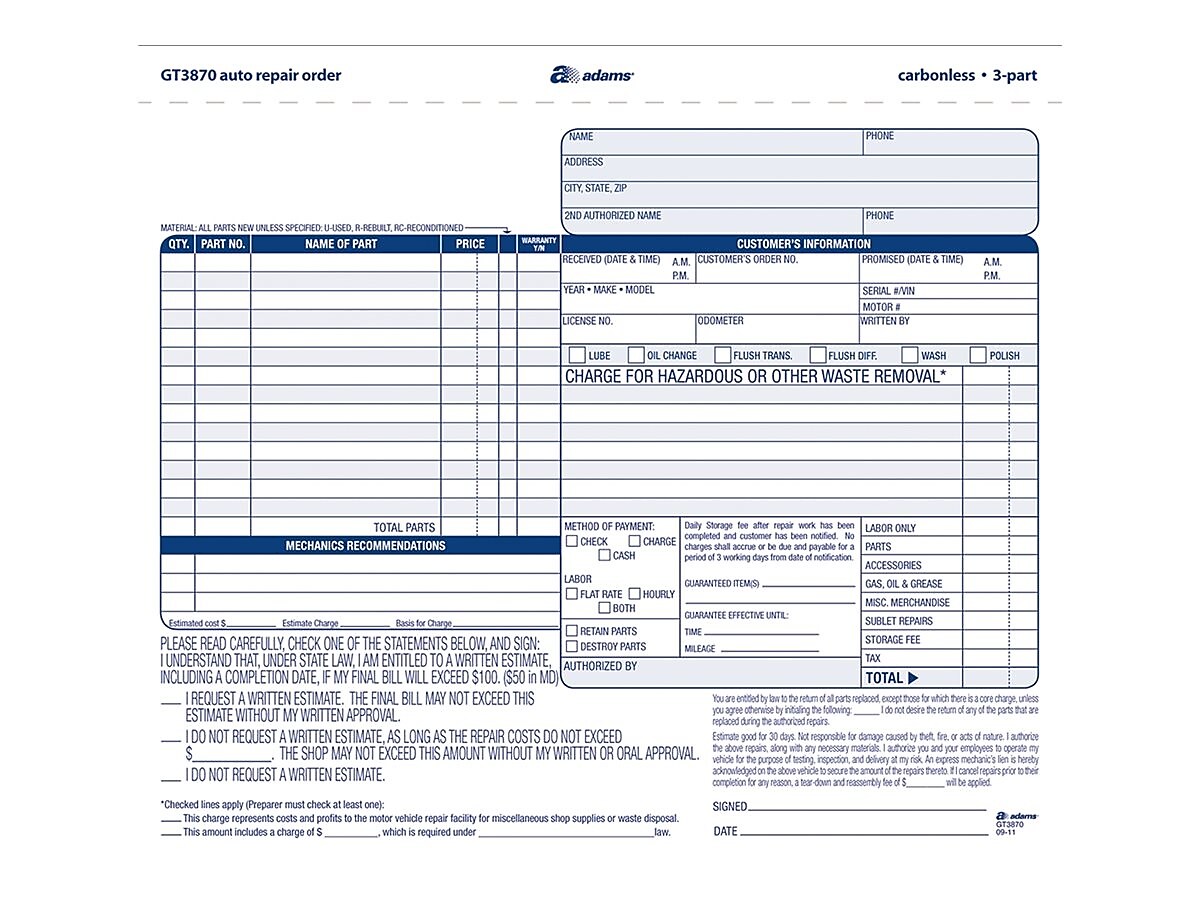 Adams 3-Part Carbonless Auto Repairs, 8.5