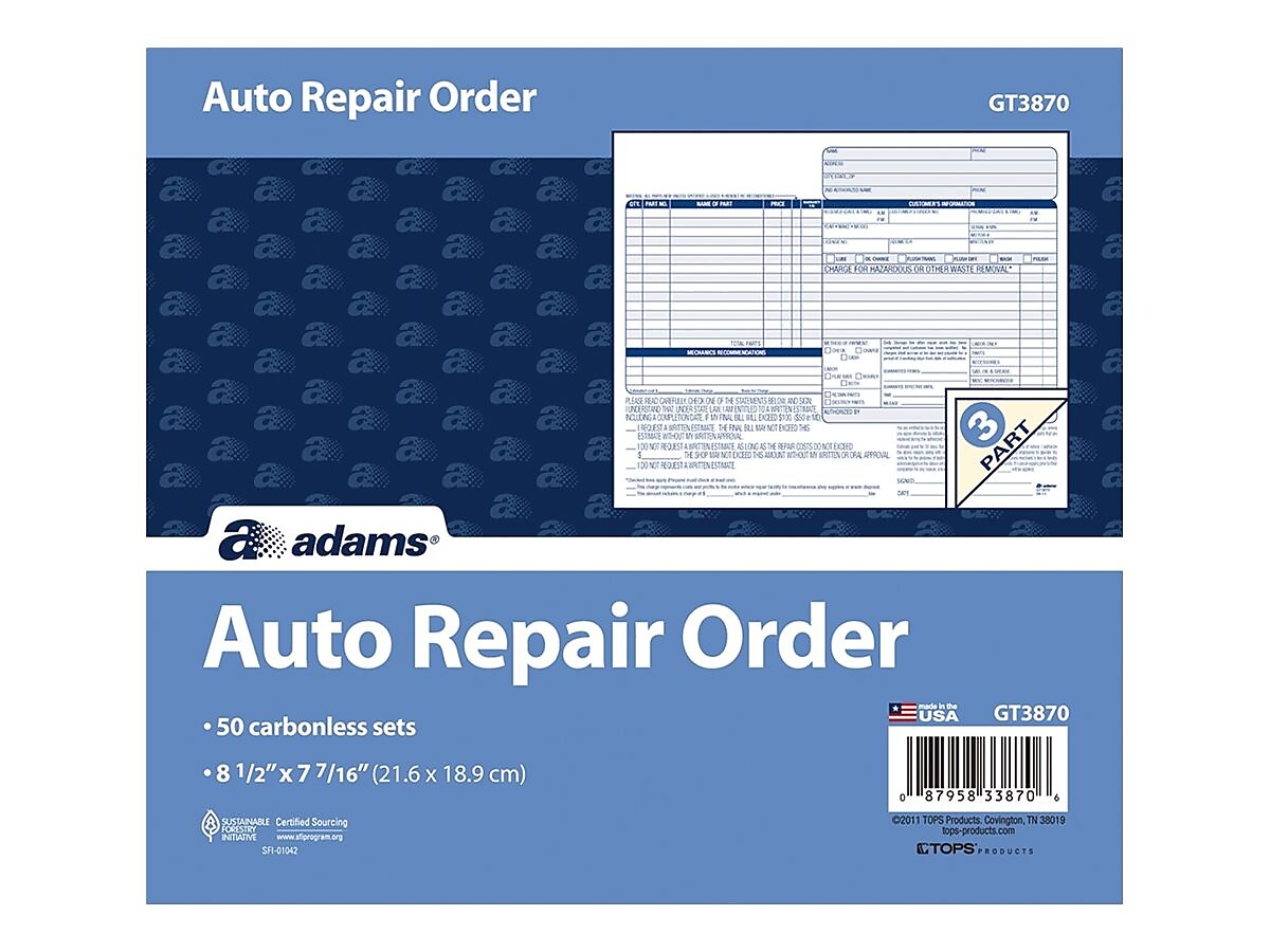 Adams 3-Part Carbonless Auto Repairs, 8.5