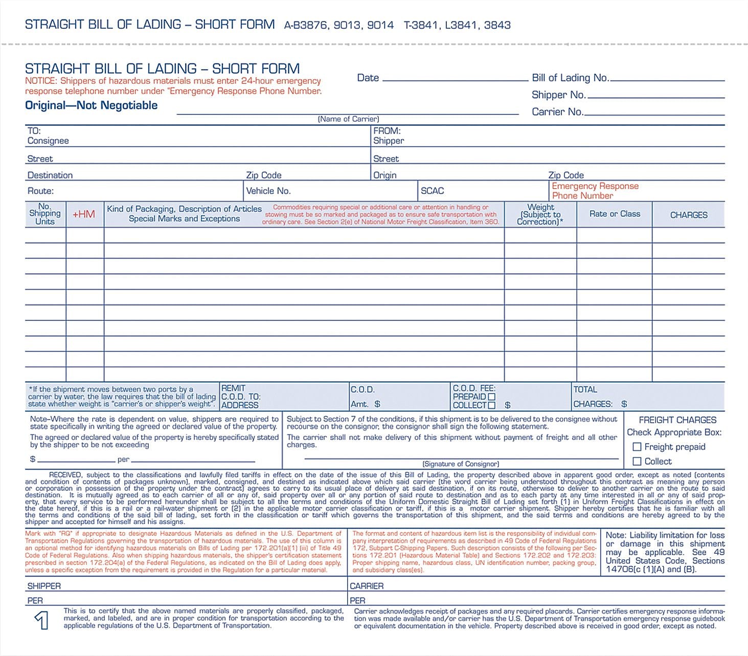 Adams 3-Part Carbonless Bill of Lading, 8-1/2