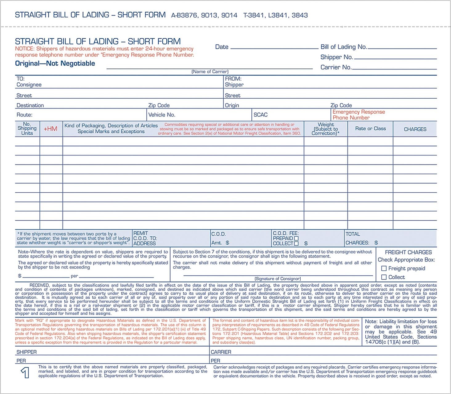 Adams 3-Part Carbonless Bill of Lading, 8-1/2