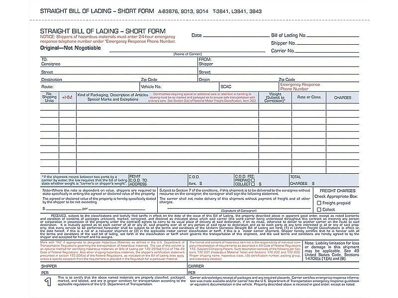 Adams 3-Part Carbonless Bill of Lading, 8.5