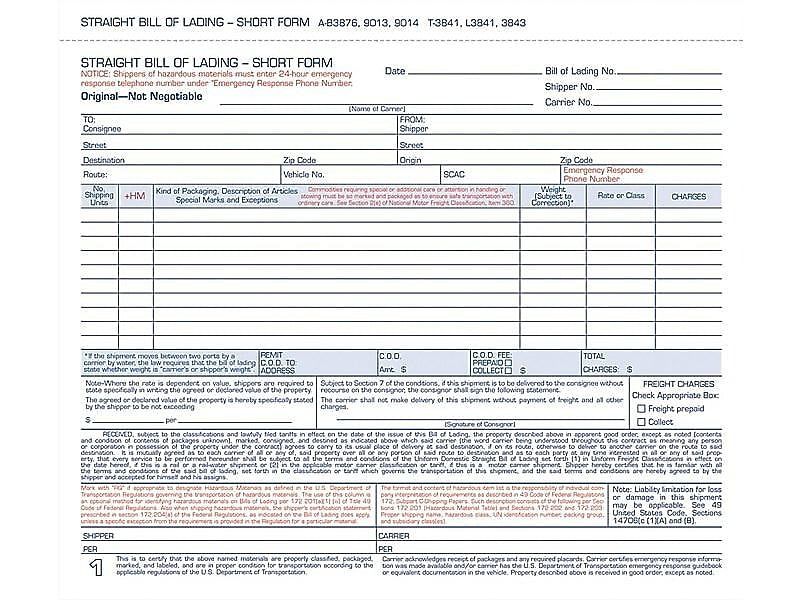 Adams 3-Part Carbonless Bill of Lading, 8.5