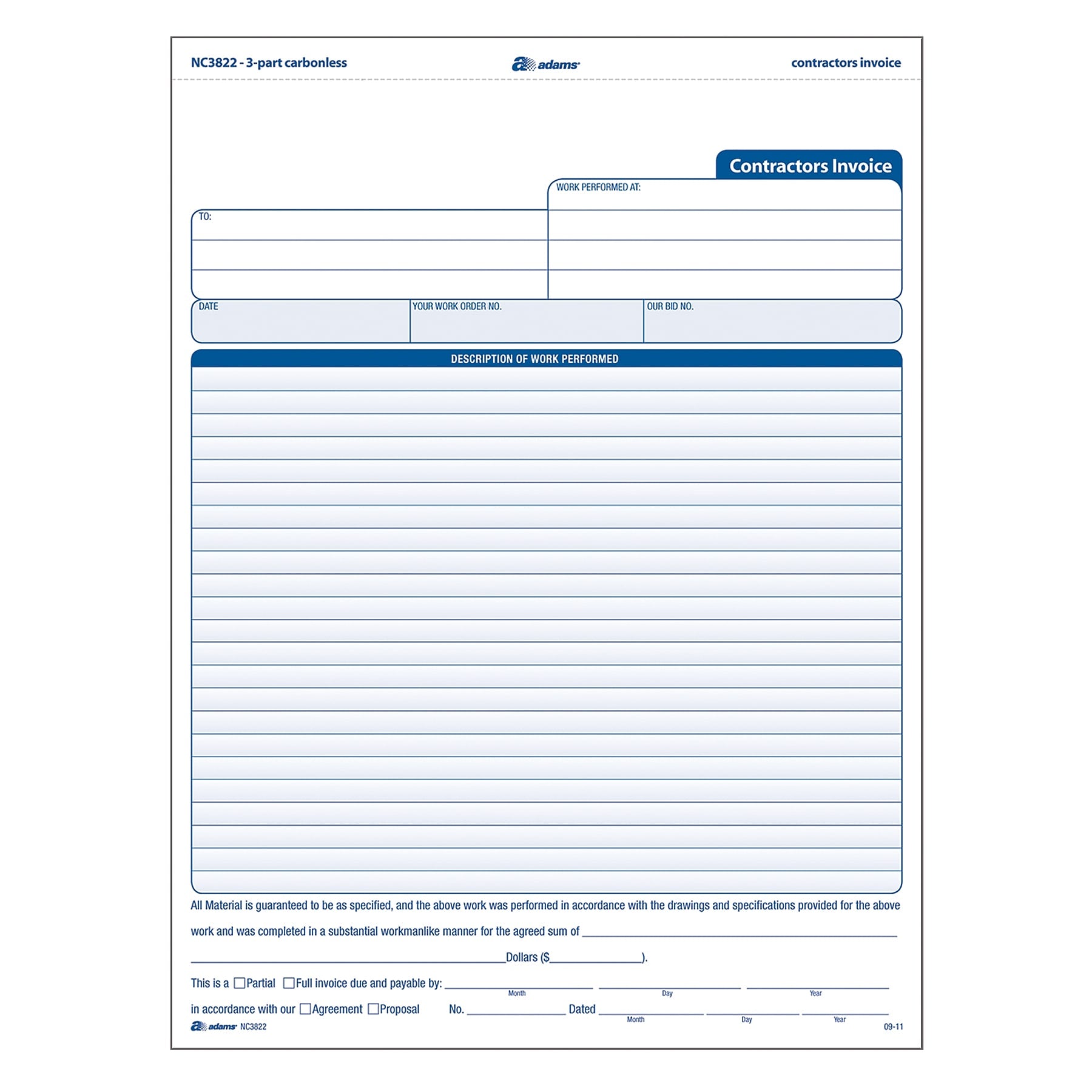 Adams 3-Part Carbonless Contractors Invoice Forms, 8.5