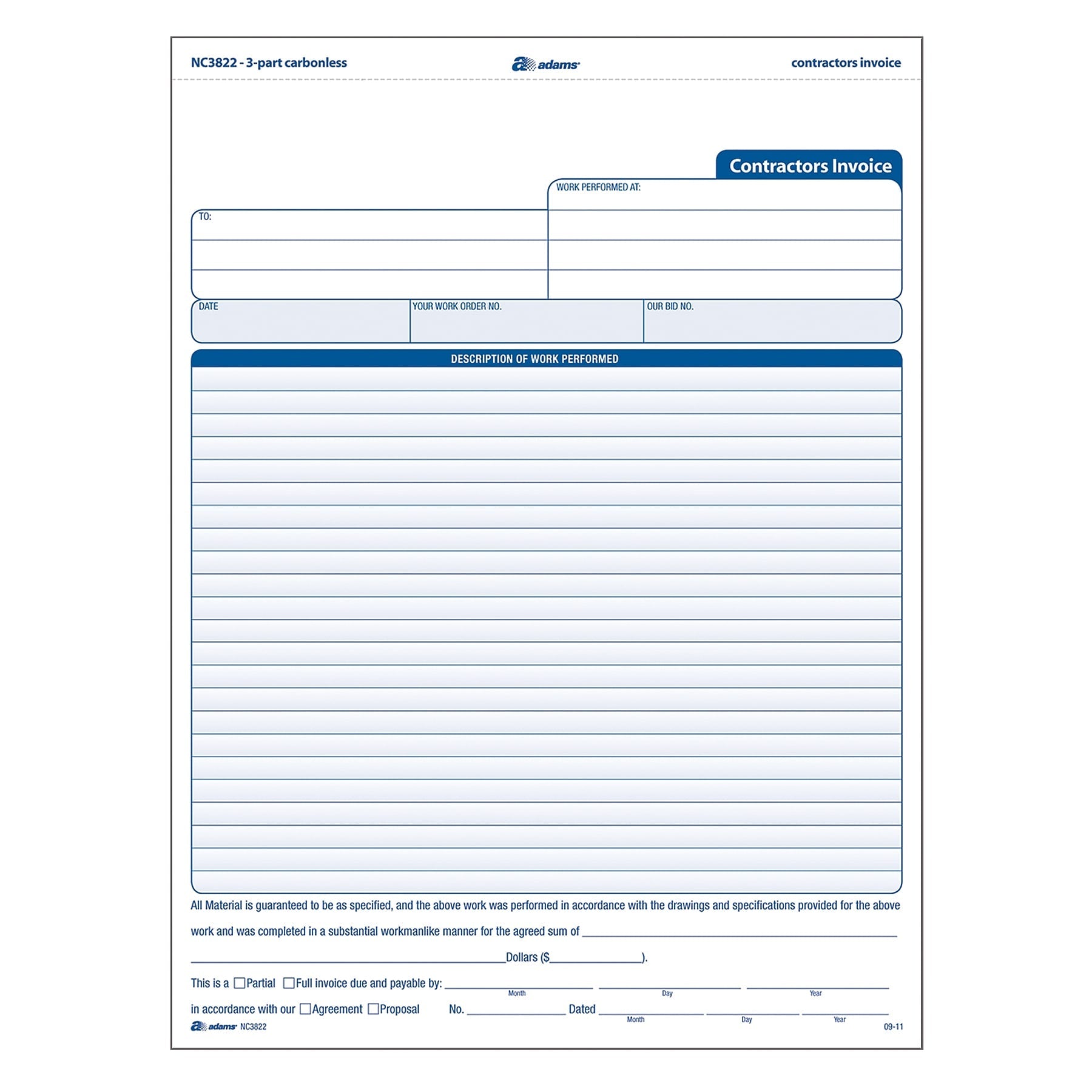 Adams 3-Part Carbonless Contractors Invoice Forms, 8.5