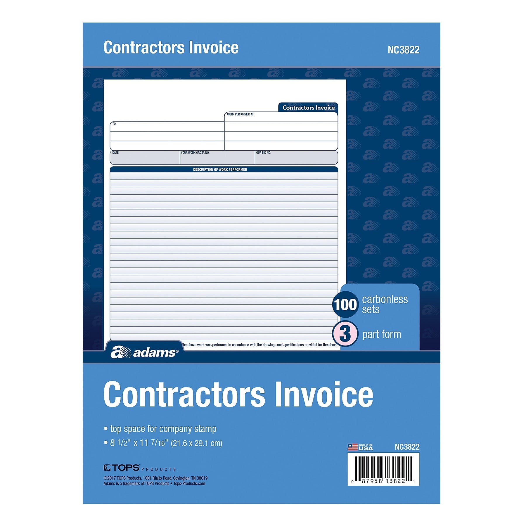 Adams 3-Part Carbonless Contractors Invoice Forms, 8.5