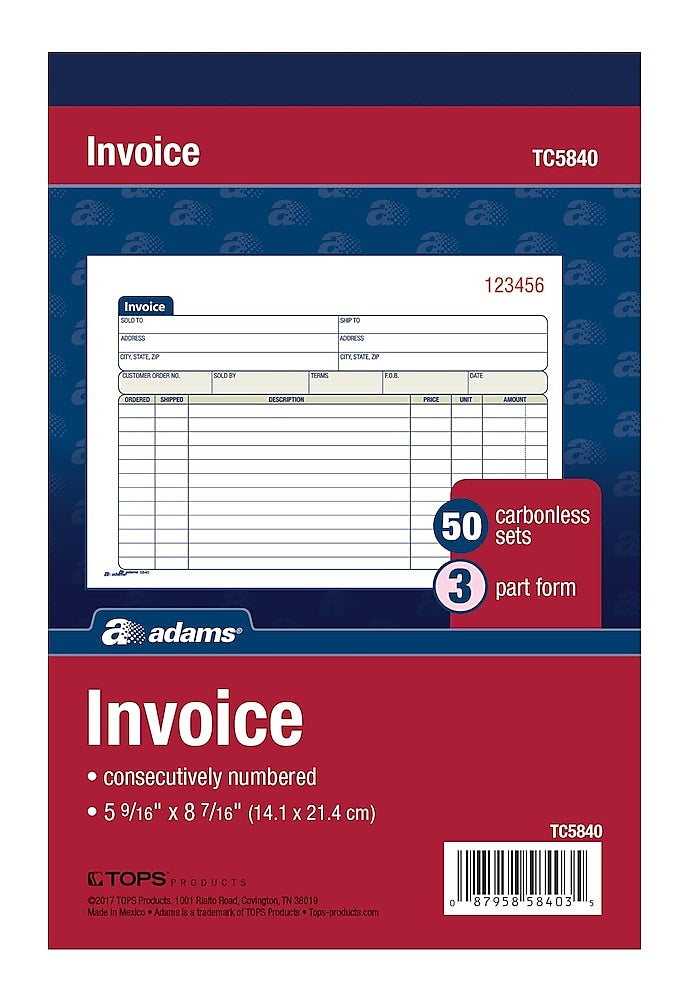 Adams 3-Part Carbonless Invoices, 8.44