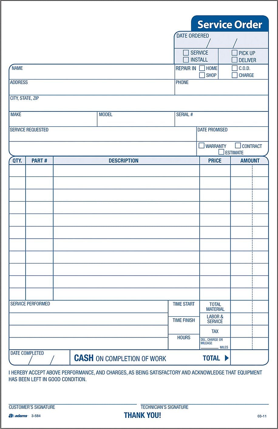 Adams 3-Part Carbonless Work Orders, 5-2/3