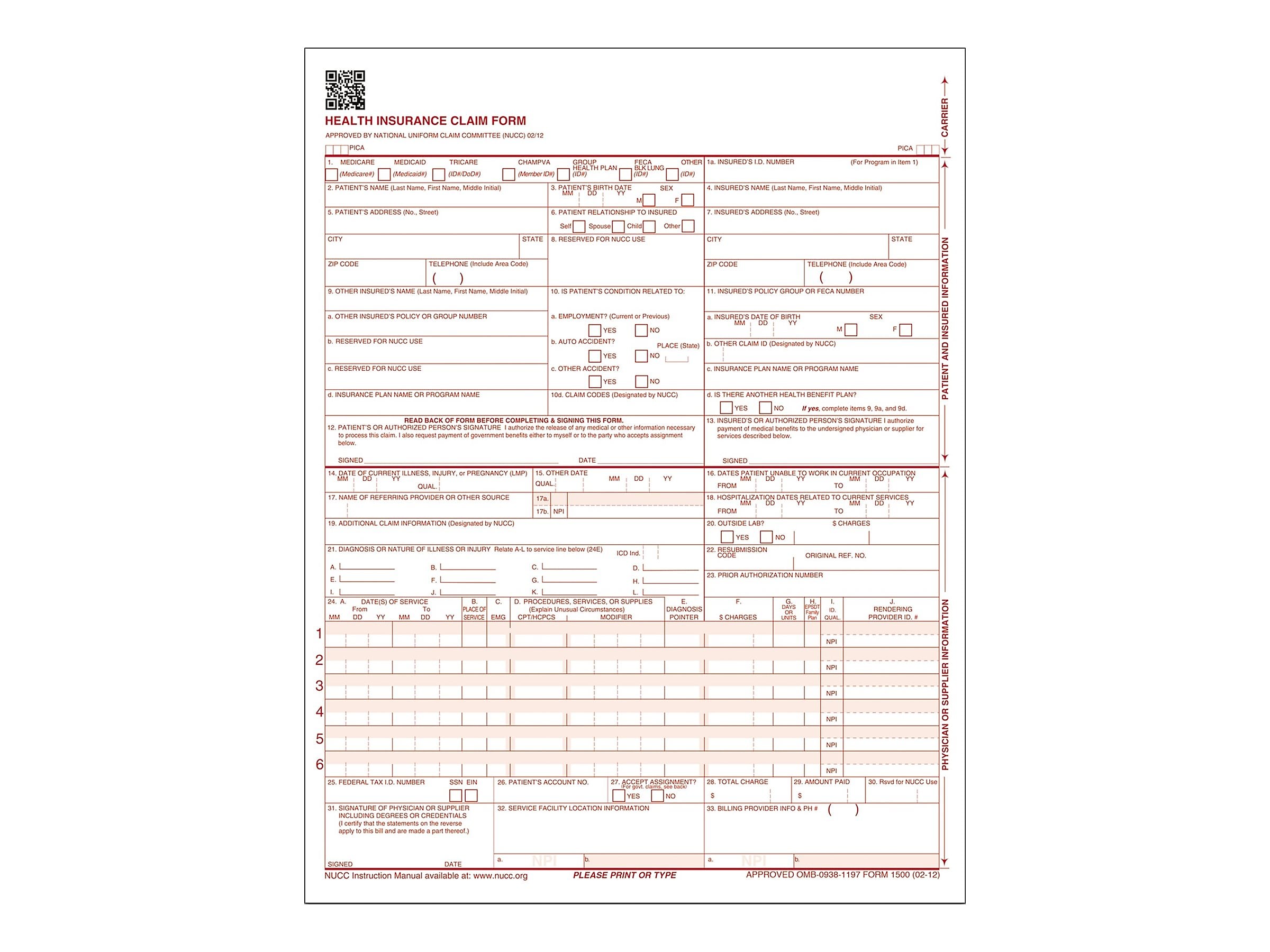 Adams CMS-1500 1 Part Health Insurance Claims, 100/Pack