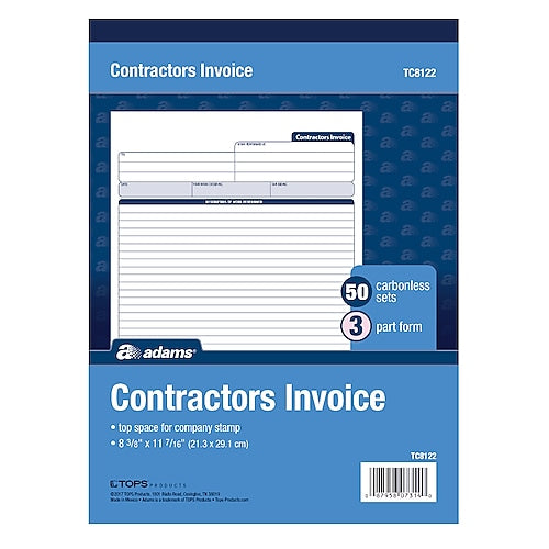 Adams Contractor's Invoice Book , 3 Part, 8.38'' x 11.44'', 50 Sets/Book