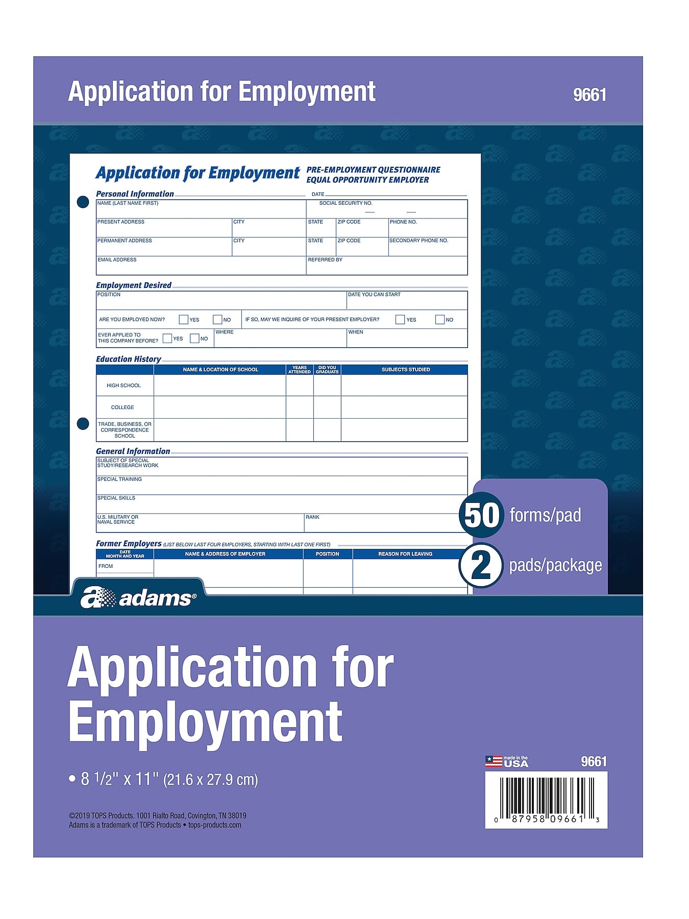 Adams Employment Applications, 50/Pad, 2 Pads/Pack