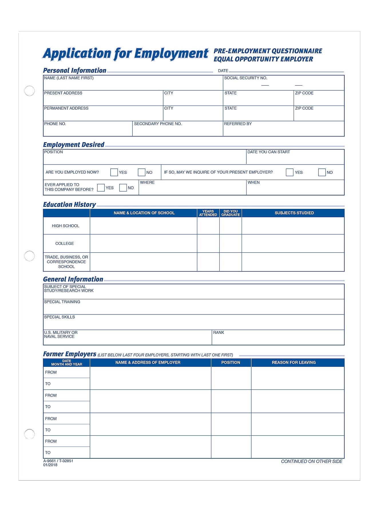 Adams Employment Applications, 50/Pad, 2 Pads/Pack