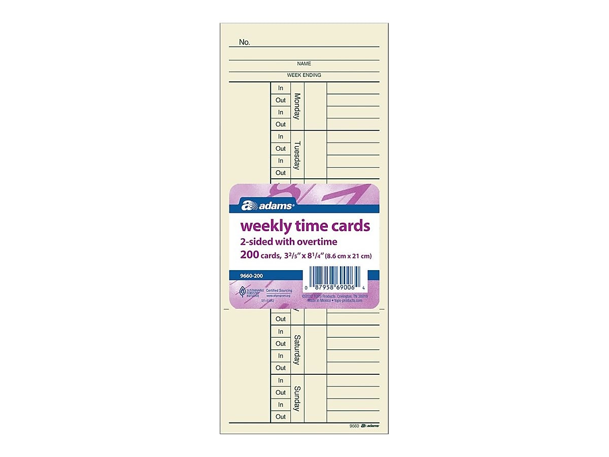 Adams Time Cards for Acroprint 125, ES700, ES900, ESP180 Time Clock, 200/Pack