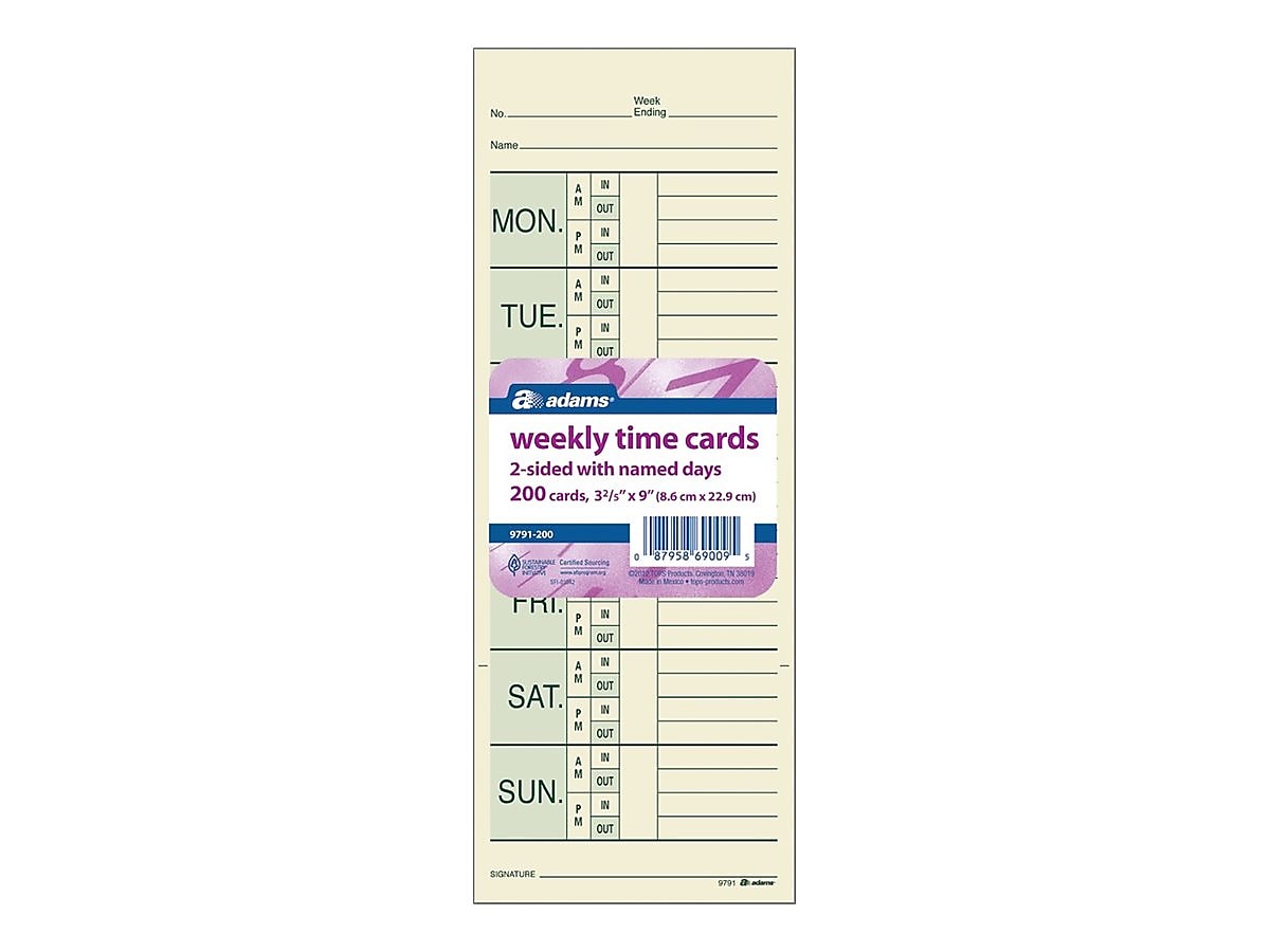 Adams Time Cards for Pyramid 1000 Time Clock, 200/Pack