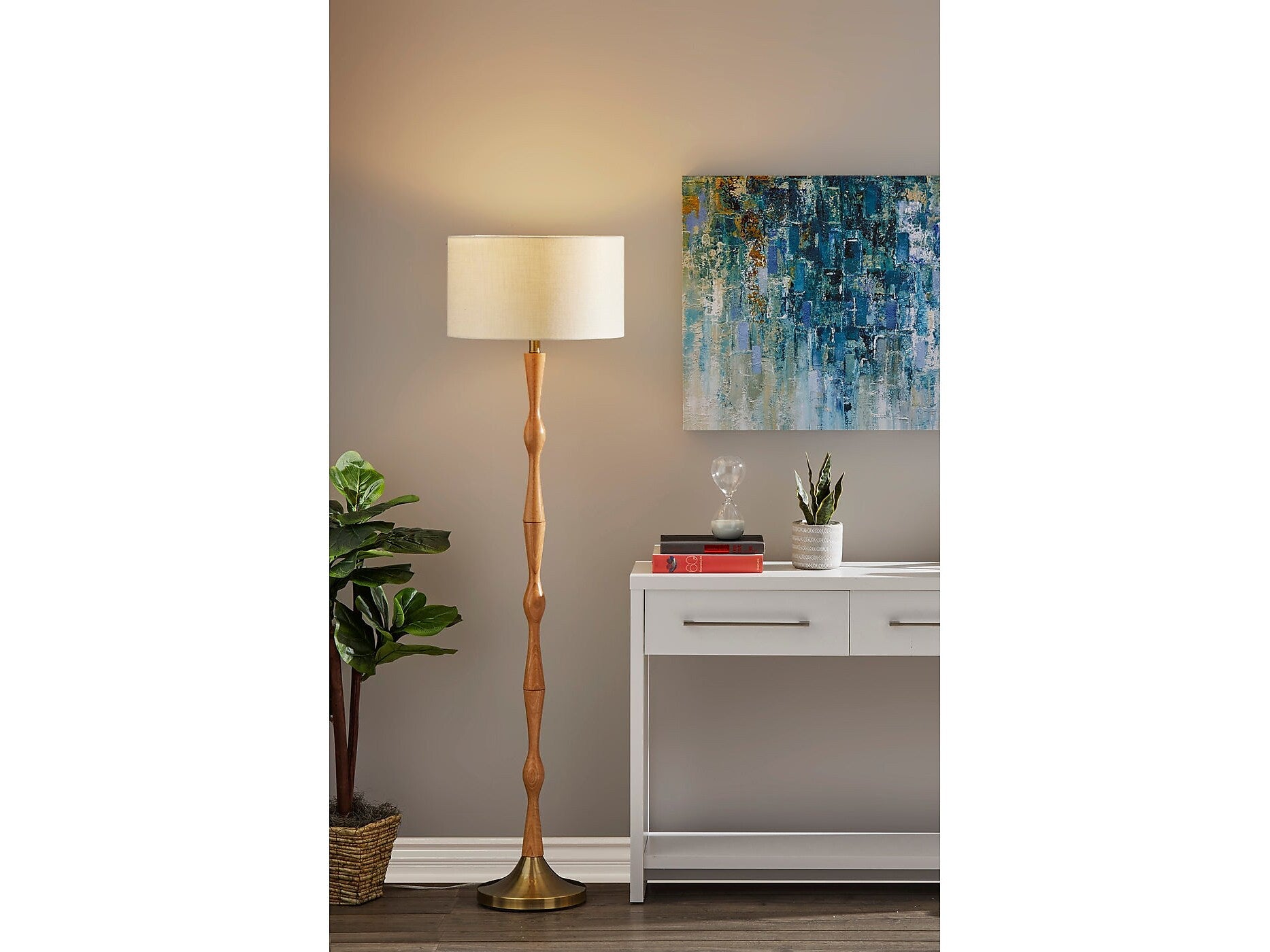 Adesso Eve 61.25" Natural Oak Floor Lamp with Off-White Drum Shade