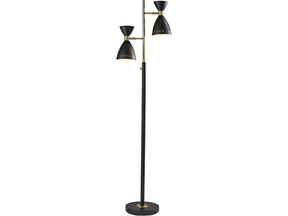 Adesso Oscar 68" Antique Brass/Black Metal Floor Lamp with 2 Cone Shades