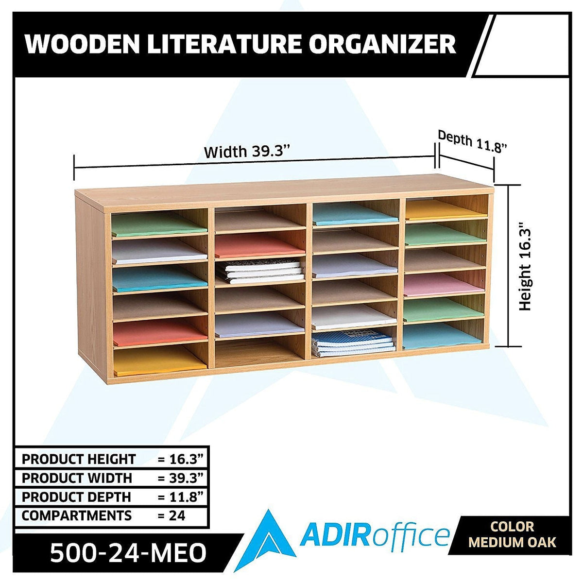 AdirOffice 24-Compartment Literature Organizer, 11.8" x 39.3", Oak