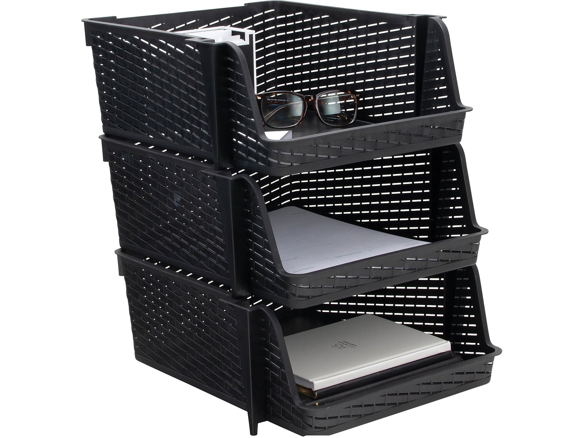 Advantus Nest and Stack Open Lid Storage Bin, Black, 3/Pack