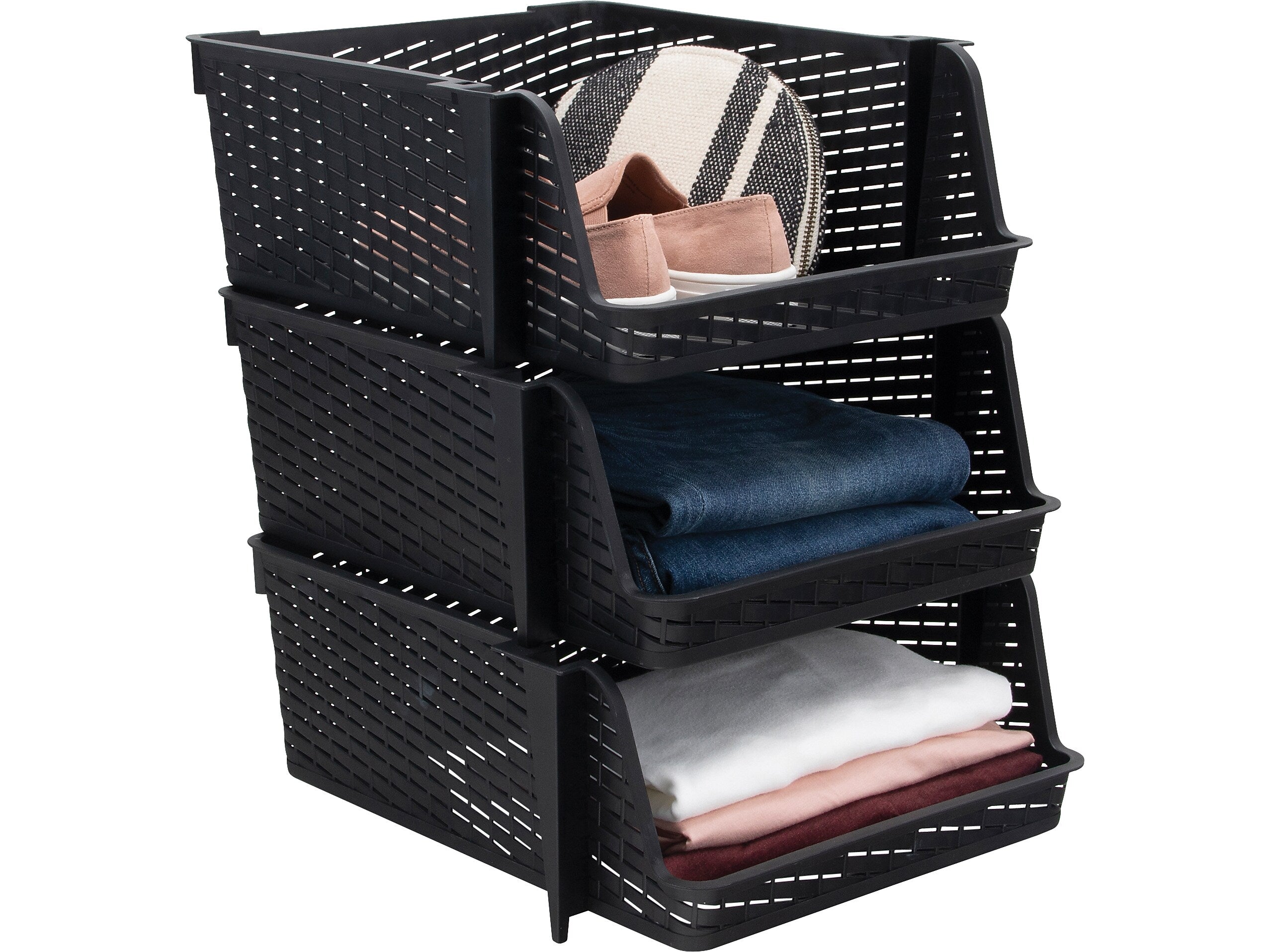 Advantus Nest and Stack Open Lid Storage Bin, Black, 3/Pack