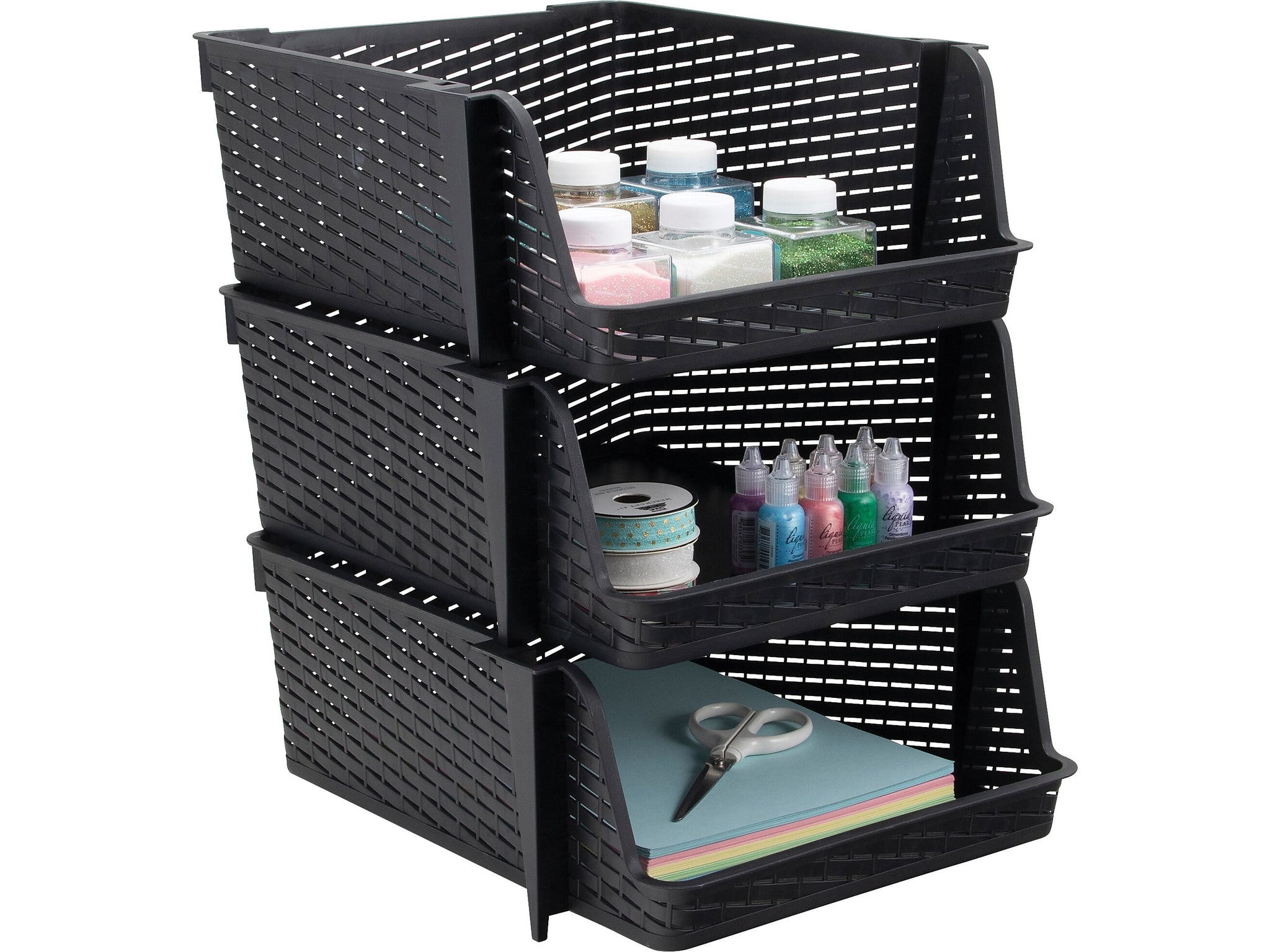 Advantus Nest and Stack Open Lid Storage Bin, Black, 3/Pack
