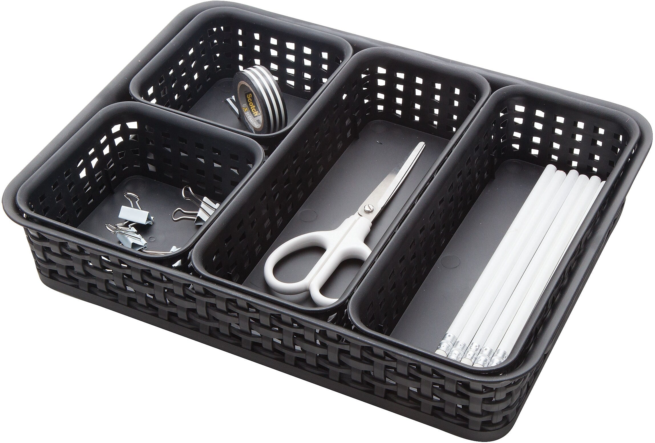 Advantus Plastic Weave Bins, Black, 5/Pack