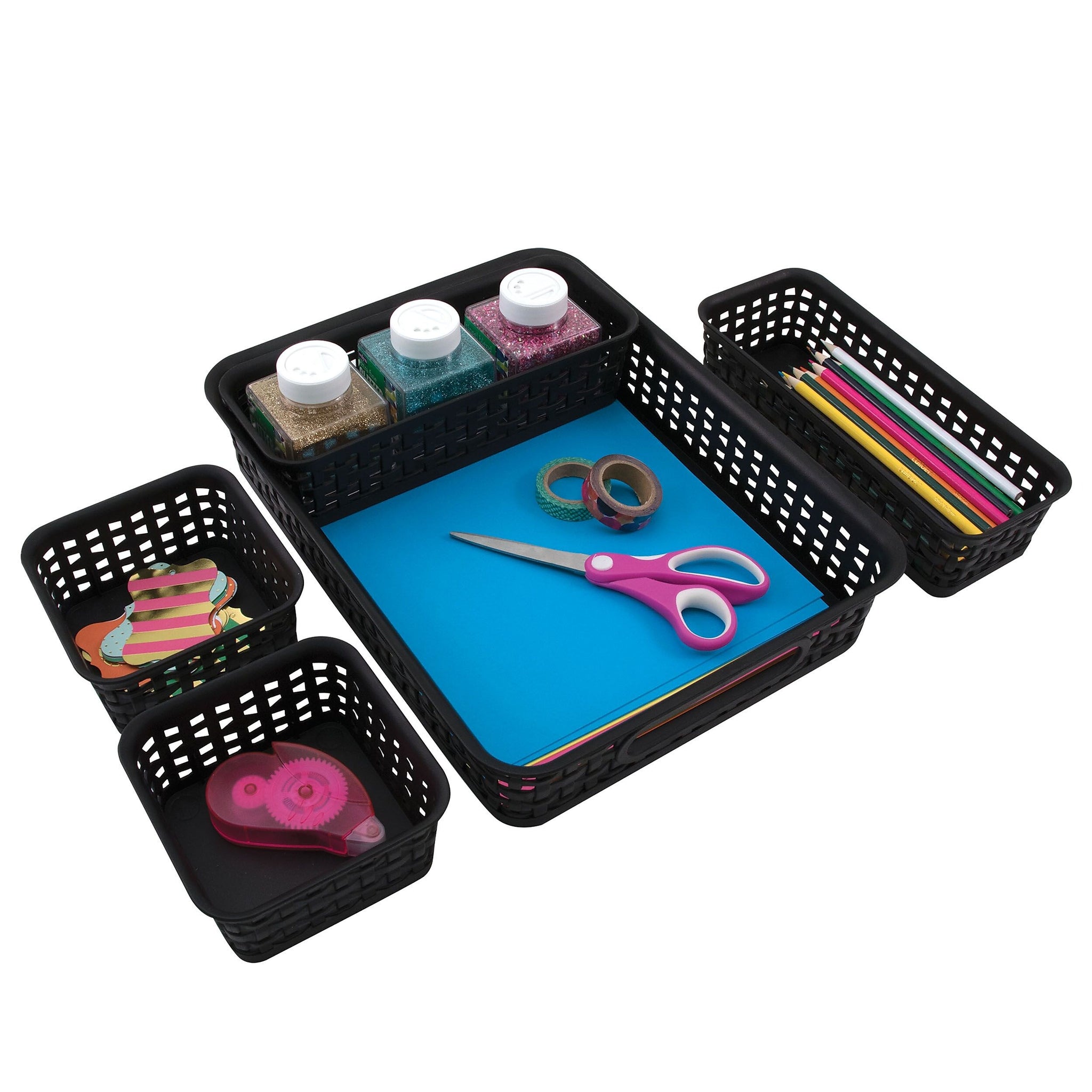 Advantus Plastic Weave Bins, Black, 5/Pack