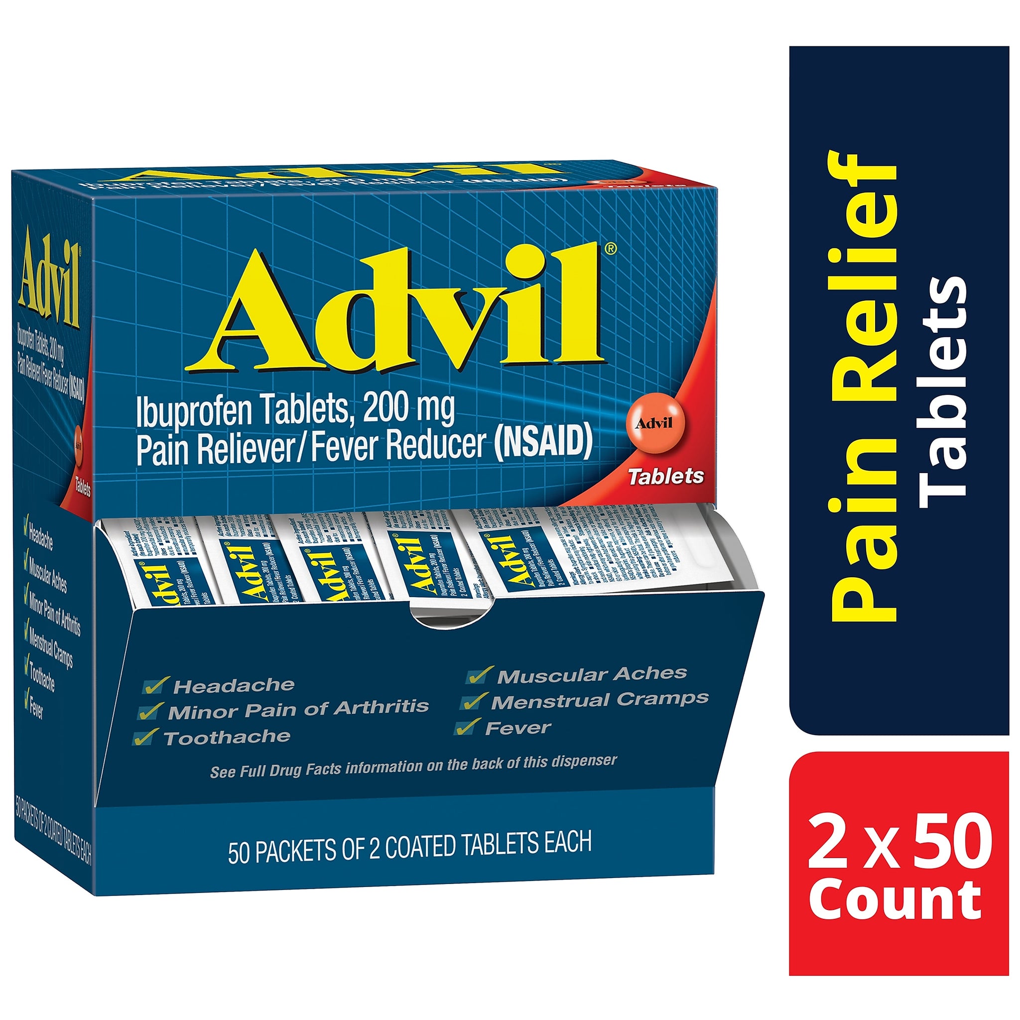 Advil Ibuprofen Pain Reliever, 200mg, 2/Packet, 50 Packets/Box