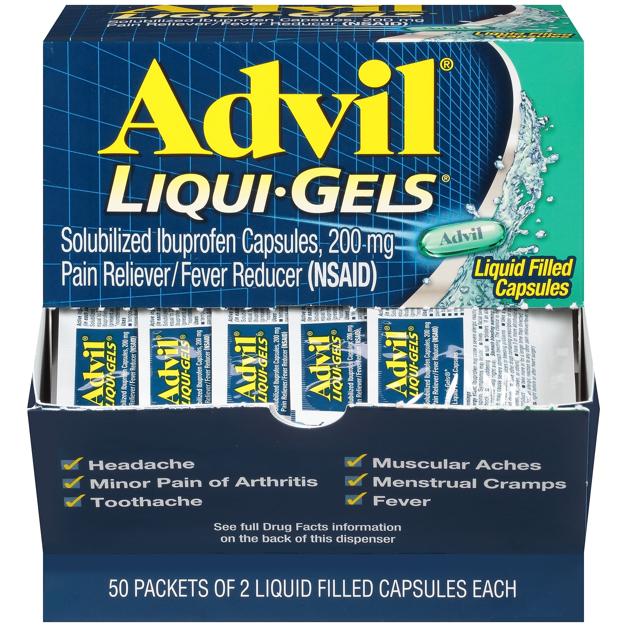 Advil Liqui-Gels Pain Reliever/Fever Reducer, Solubilized Ibuprofen 200mg, 2/Packet, 50 Packets/Box