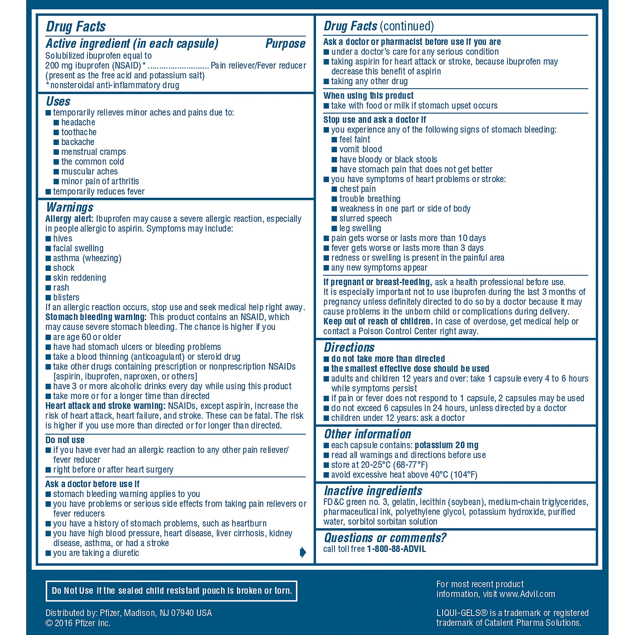 Advil Liqui-Gels Pain Reliever/Fever Reducer, Solubilized Ibuprofen 200mg, 2/Packet, 50 Packets/Box