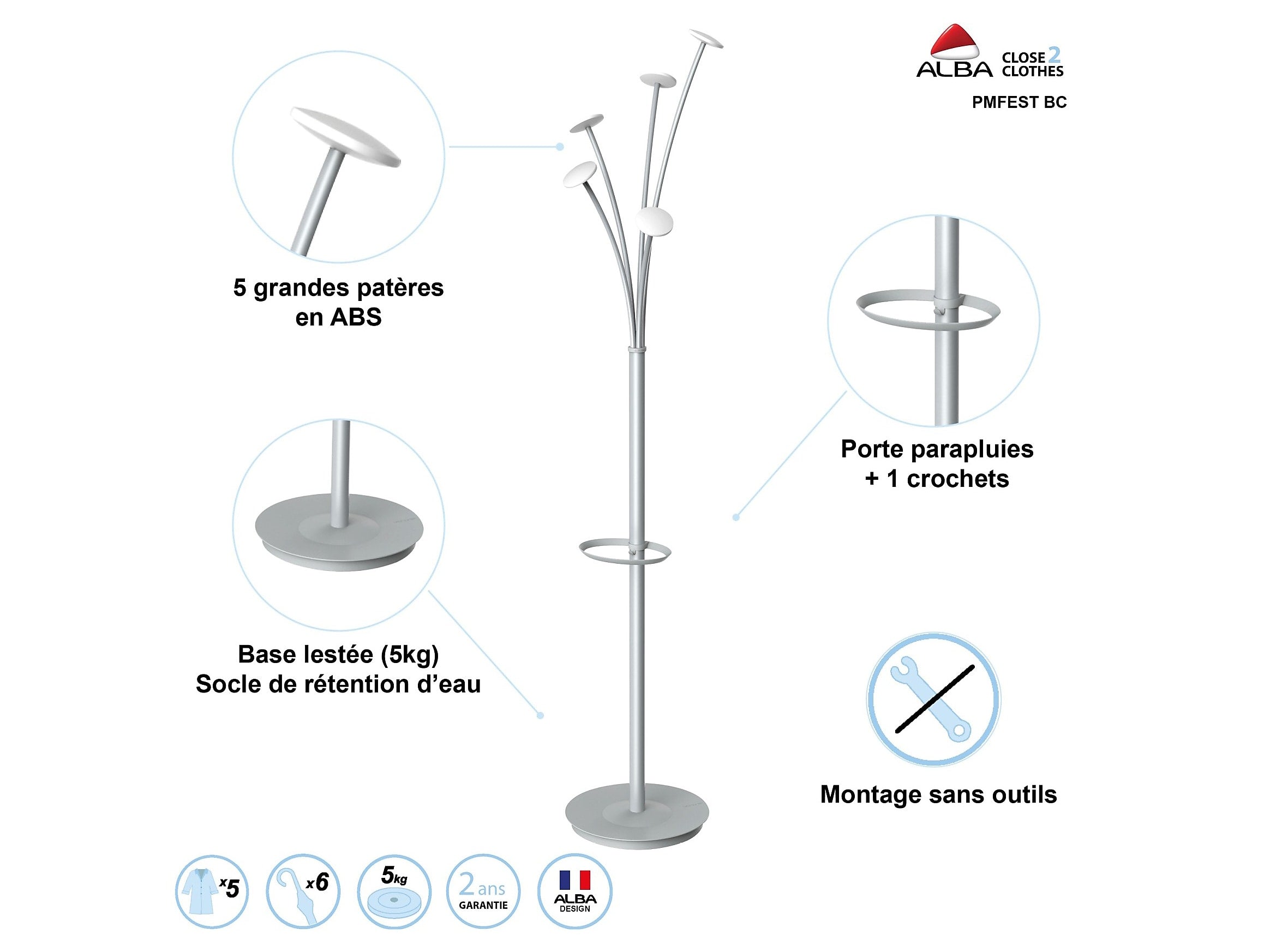 Alba Festival Coat Tree, Silver Gray/White, Steel/Plastic