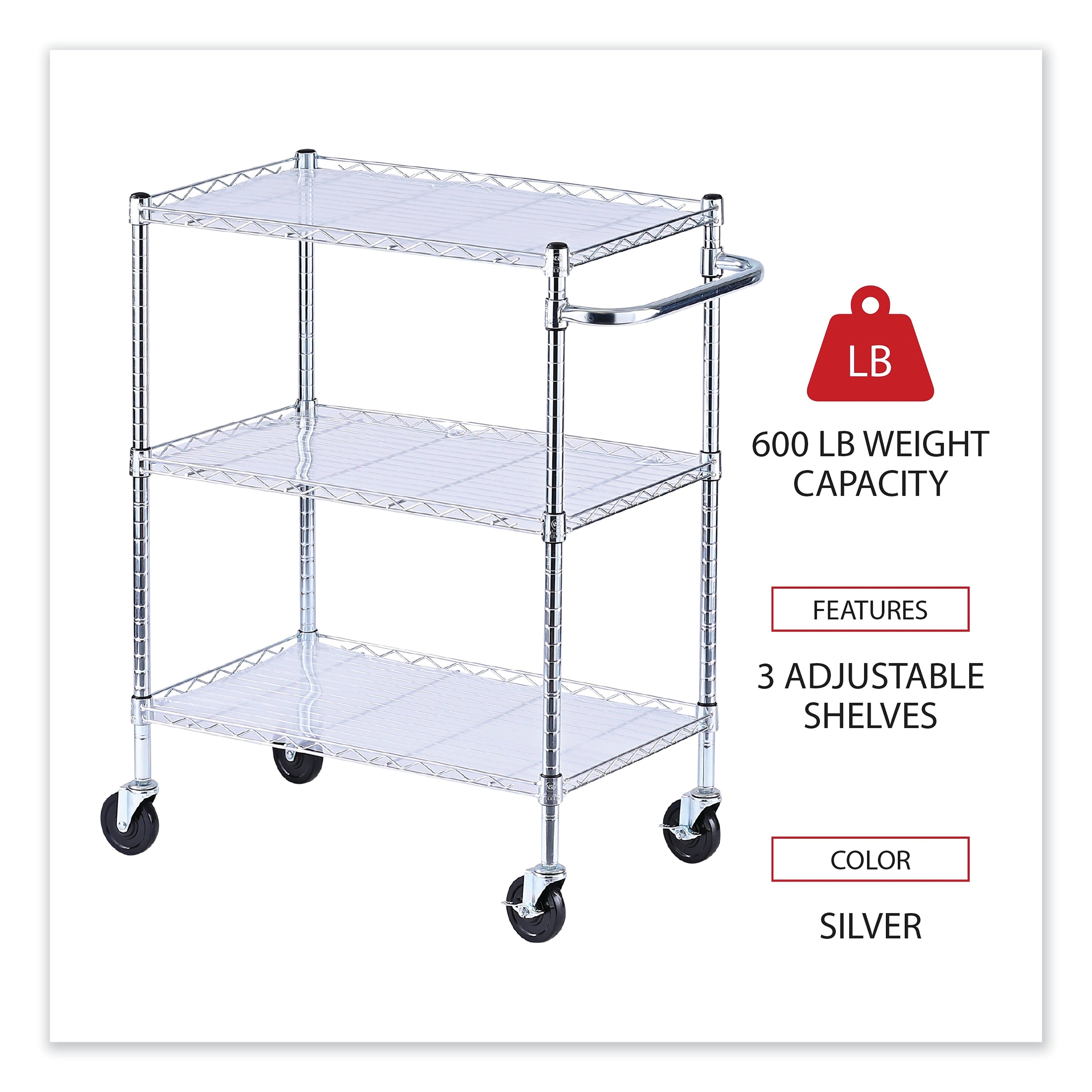 Alera® 3-Shelf Wire Cart with Liners, 34.5w x 18d x 40h, Silver, 600-lb Capacity