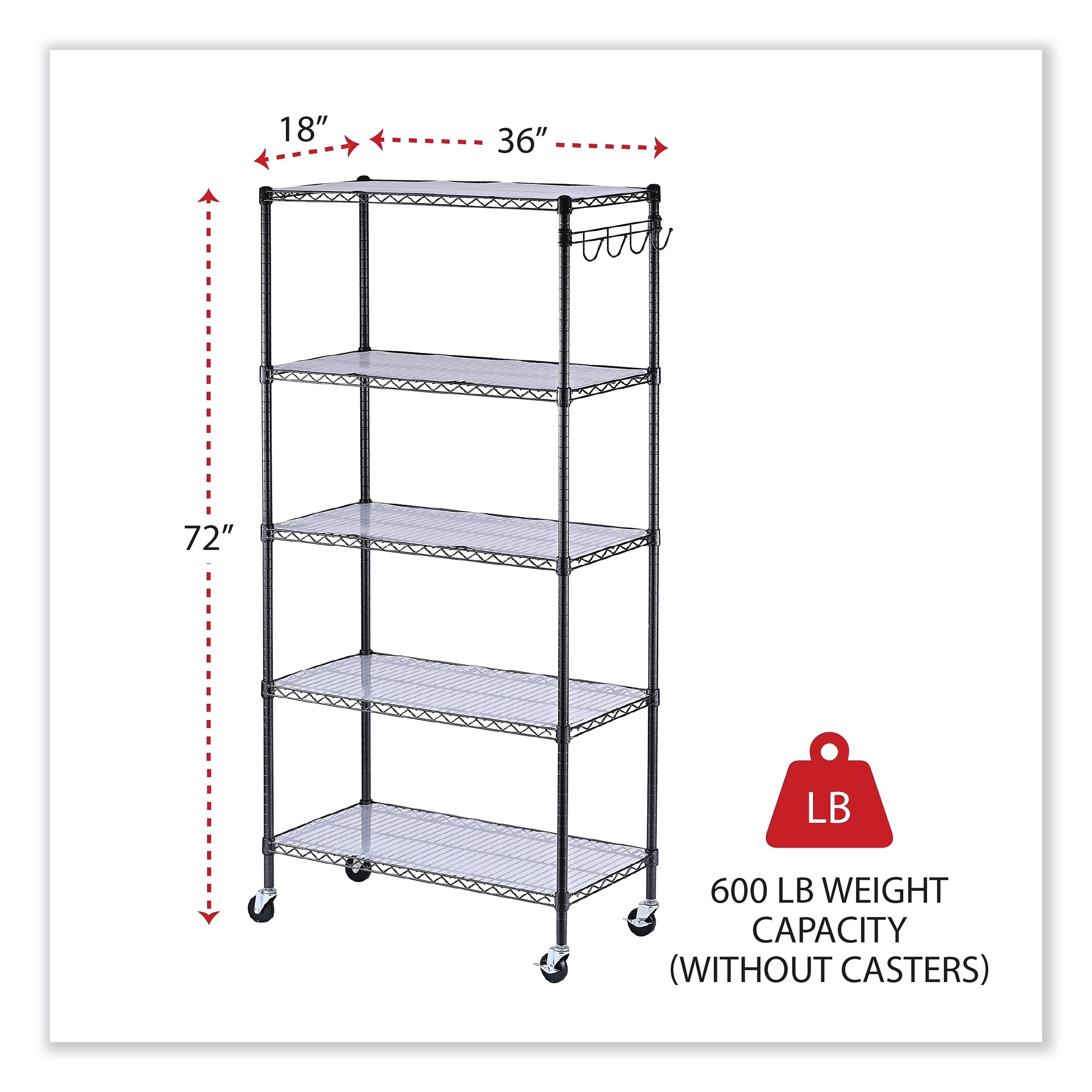 Alera® 5-Shelf Wire Shelving Kit with Casters and Shelf Liners, 36w x 18d x 72h, Black Anthracite