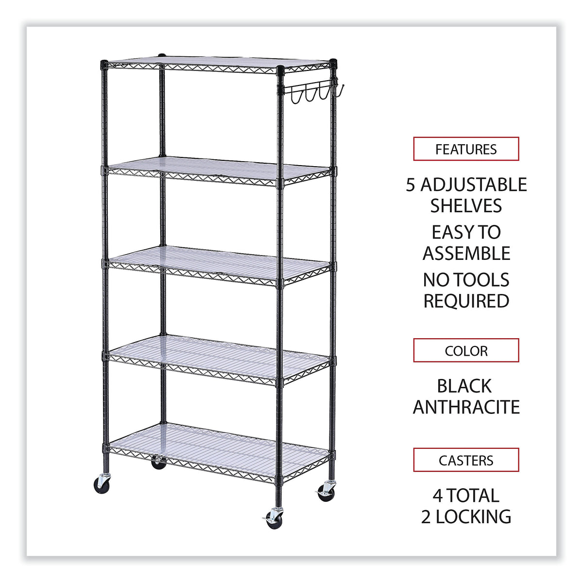 Alera® 5-Shelf Wire Shelving Kit with Casters and Shelf Liners, 36w x 18d x 72h, Black Anthracite