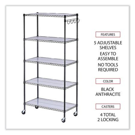 Alera® 5-Shelf Wire Shelving Kit with Casters and Shelf Liners, 36w x 18d x 72h, Black Anthracite