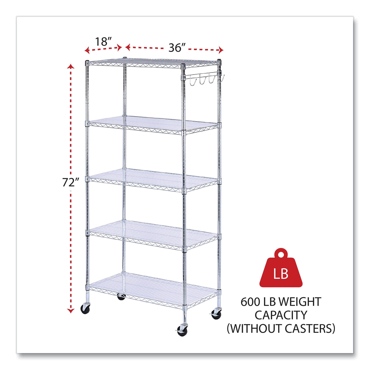 Alera® 5-Shelf Wire Shelving Kit with Casters and Shelf Liners, 36w x 18d x 72h, Silver