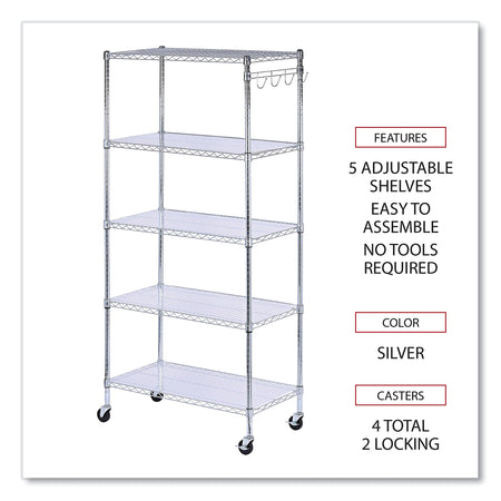 Alera® 5-Shelf Wire Shelving Kit with Casters and Shelf Liners, 36w x 18d x 72h, Silver