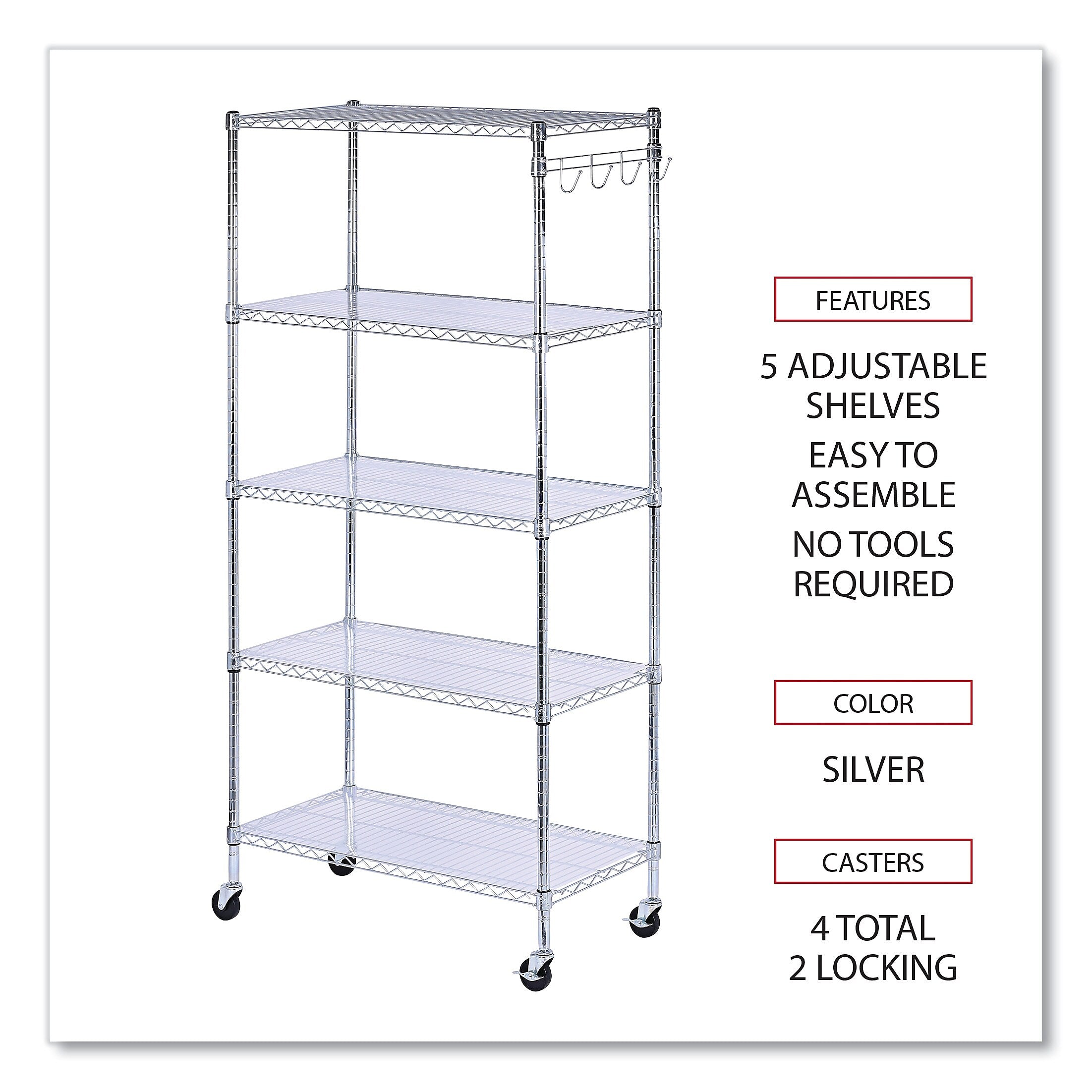 Alera® 5-Shelf Wire Shelving Kit with Casters and Shelf Liners, 36w x 18d x 72h, Silver