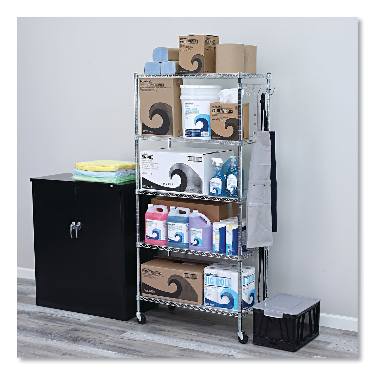 Alera® 5-Shelf Wire Shelving Kit with Casters and Shelf Liners, 36w x 18d x 72h, Silver